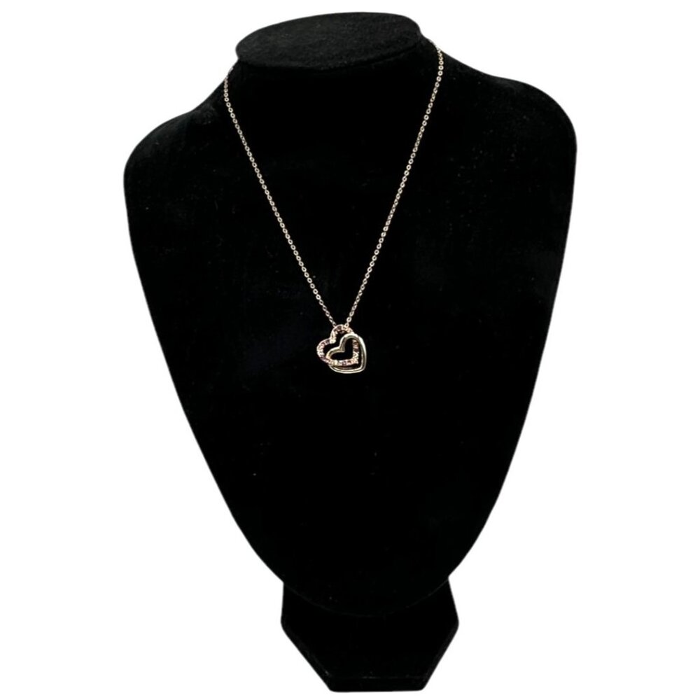 Gold Tone Double Heart Pendant Necklace Pink White Rhinestones Adjustable Chain